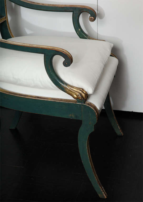19th C. Green Painted &  Giltwood Open Arm Chair In Good Condition In New York, NY