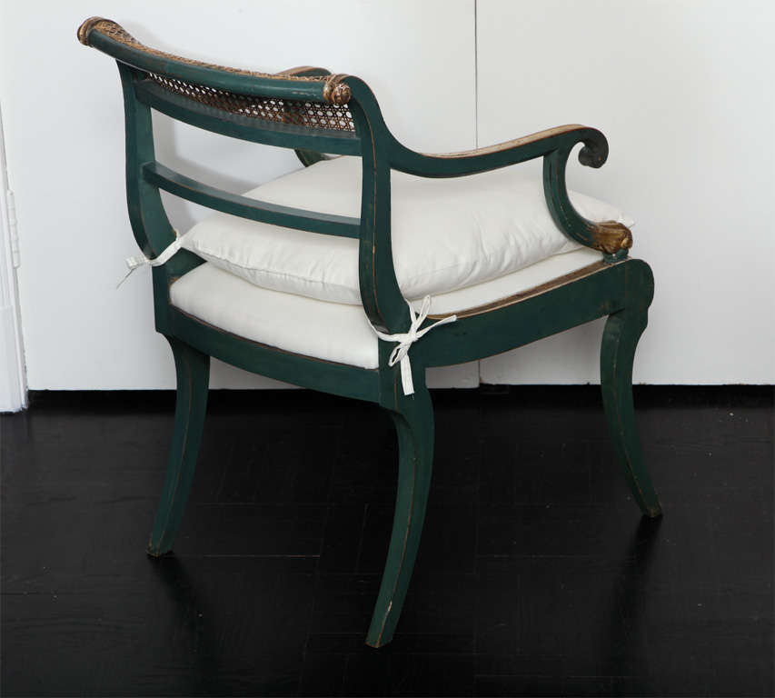 19th C. Green Painted &  Giltwood Open Arm Chair 1