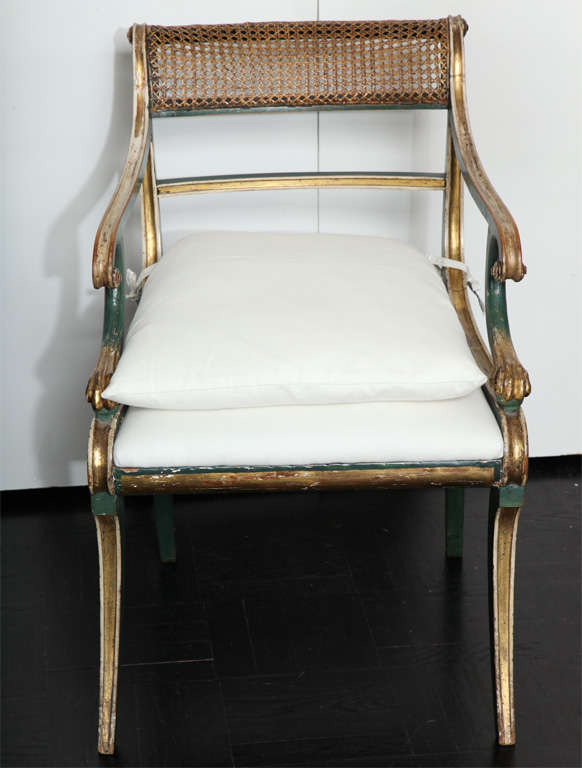 19th C. Green Painted &  Giltwood Open Arm Chair 2