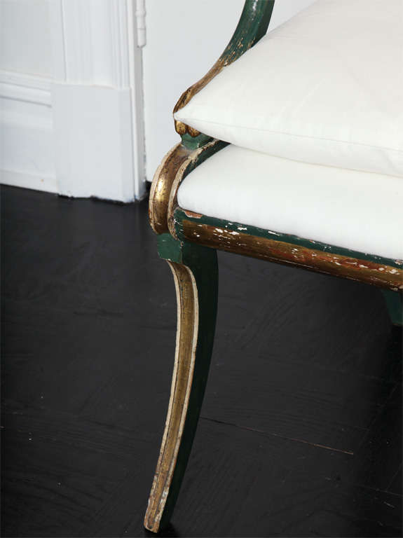 19th C. Green Painted &  Giltwood Open Arm Chair 3