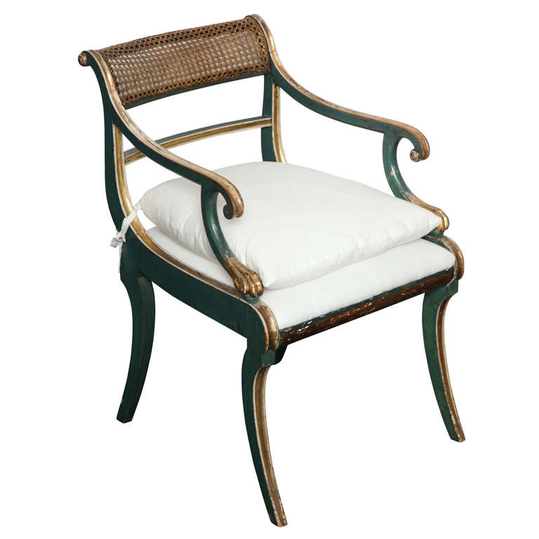 19th C. Green Painted &  Giltwood Open Arm Chair