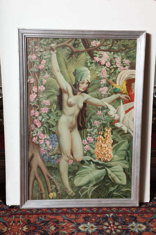 An Important Art Deco oil on canvas by Raphael Delorme (1886 - 1962) depicting a young muscular nude woman posed against a lush landscape background of tropical trees, flowers and birds. A characteristic allegorical Art Deco painting, with the