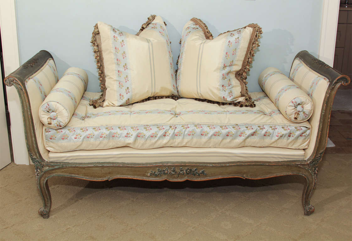 good late 18th century French painted daybed in original paint and custom covered in Scalamandre silk