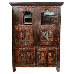 Antique Painted Two-Level Armoire with Mirrored Doors