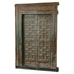 Green Painted Teak 'Haveli' Door with Grid Patterns