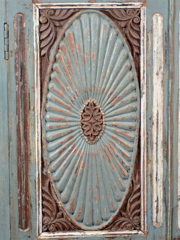Indian Painted Armoire w/ Floral Carved Doors For Sale