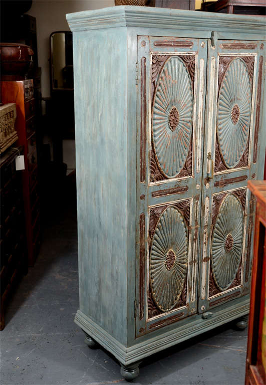 19th Century Painted Armoire w/ Floral Carved Doors For Sale