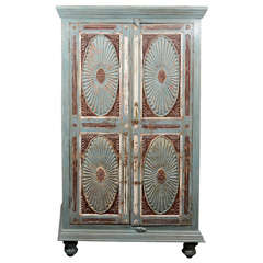 Antique Painted Armoire w/ Floral Carved Doors