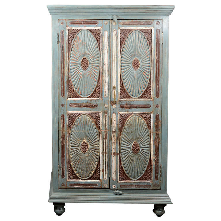 Painted Armoire w/ Floral Carved Doors For Sale