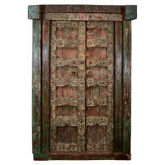 Green Painted Teak 'Haveli' Door