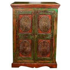 Vintage Green & Red Painted Short Armoire