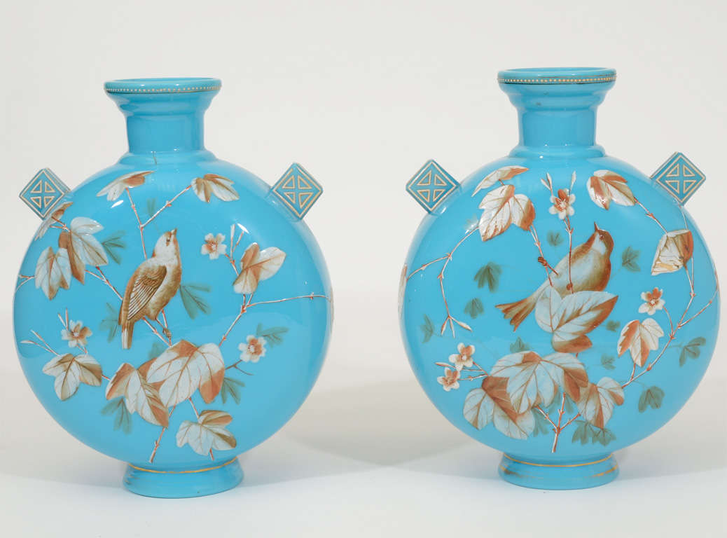 Pair of Blue Opaline and Enamel Vases