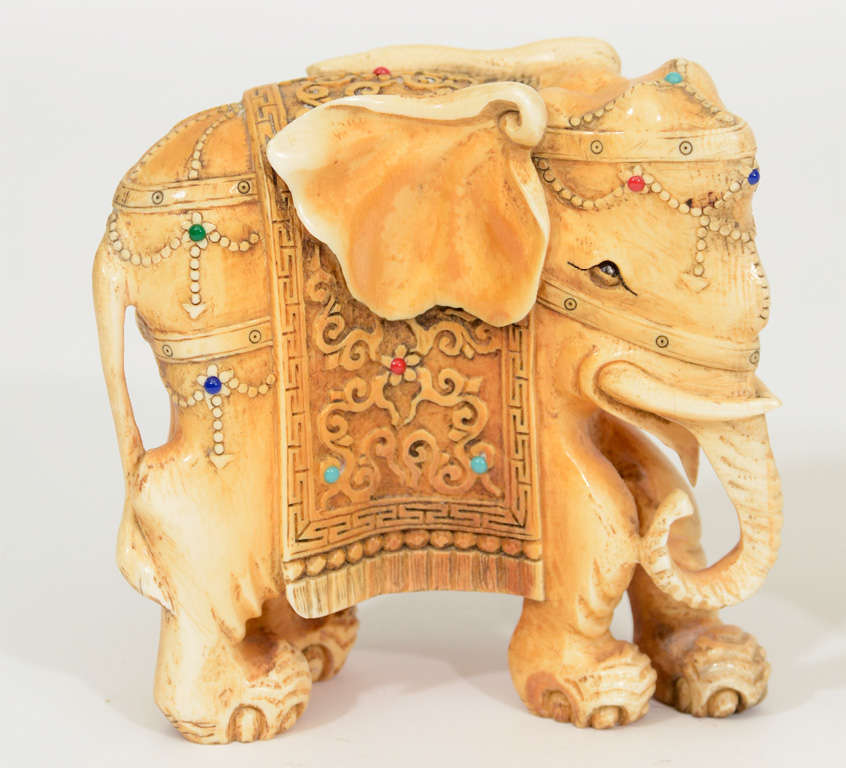 Pair of Ivory Elephants with turquoise and coral insets