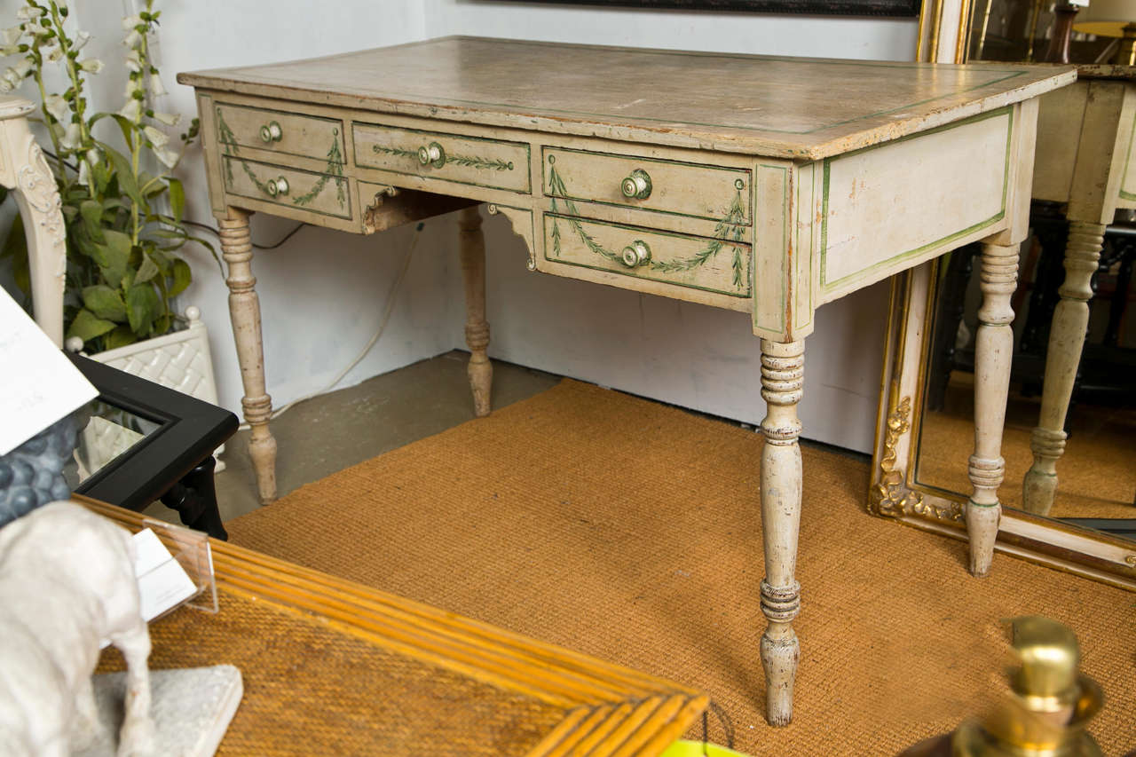 19th C English painted dressing table/writing desk. Pine with painted gray and green striping & swags, turned legs and five drawers.