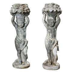 Early 19th C Lead Garden Statues Cherubs with Fruit Baskets