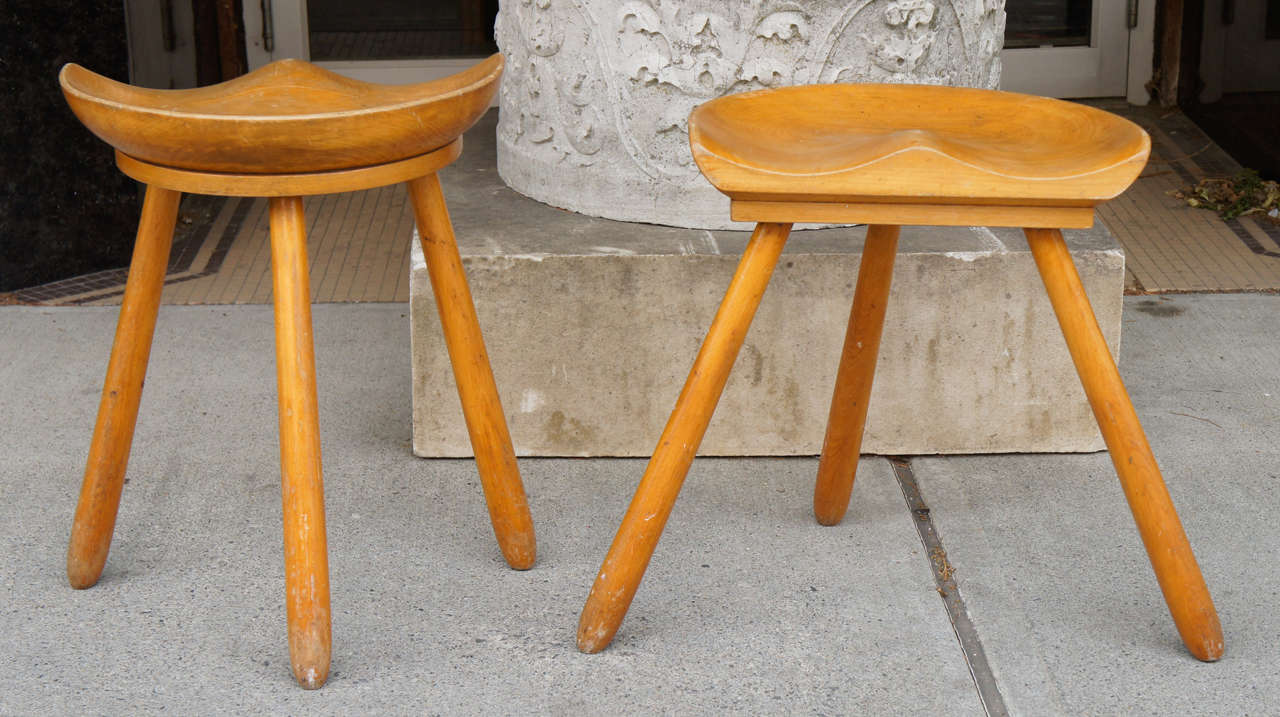 Pair of Danish milking stools in beechwood.