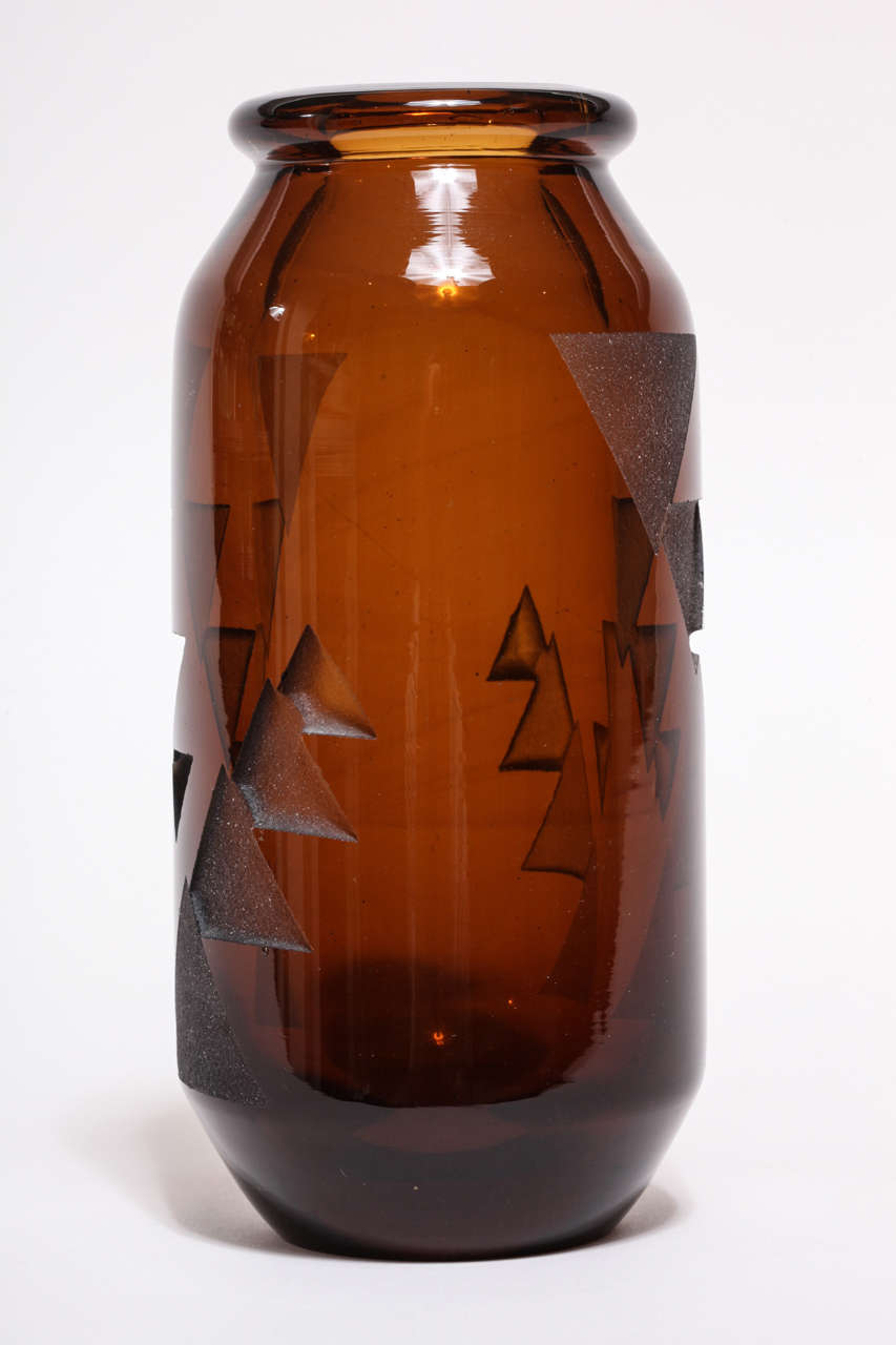 French Jean Luce Art Deco Amber Etched Glass Vase