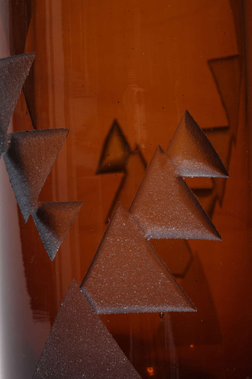 20th Century Jean Luce Art Deco Amber Etched Glass Vase