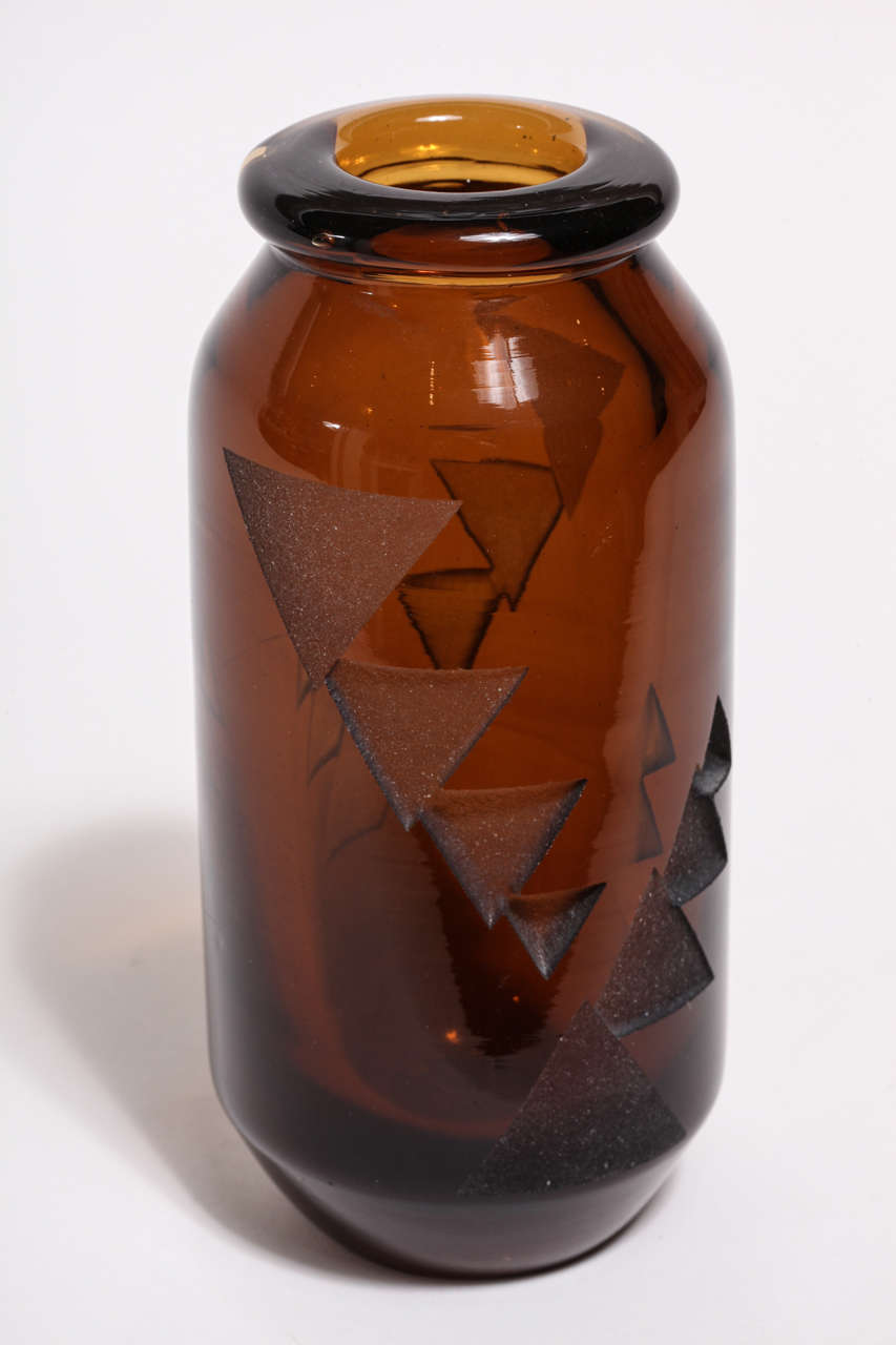 Jean Luce Art Deco Amber Etched Glass Vase 3