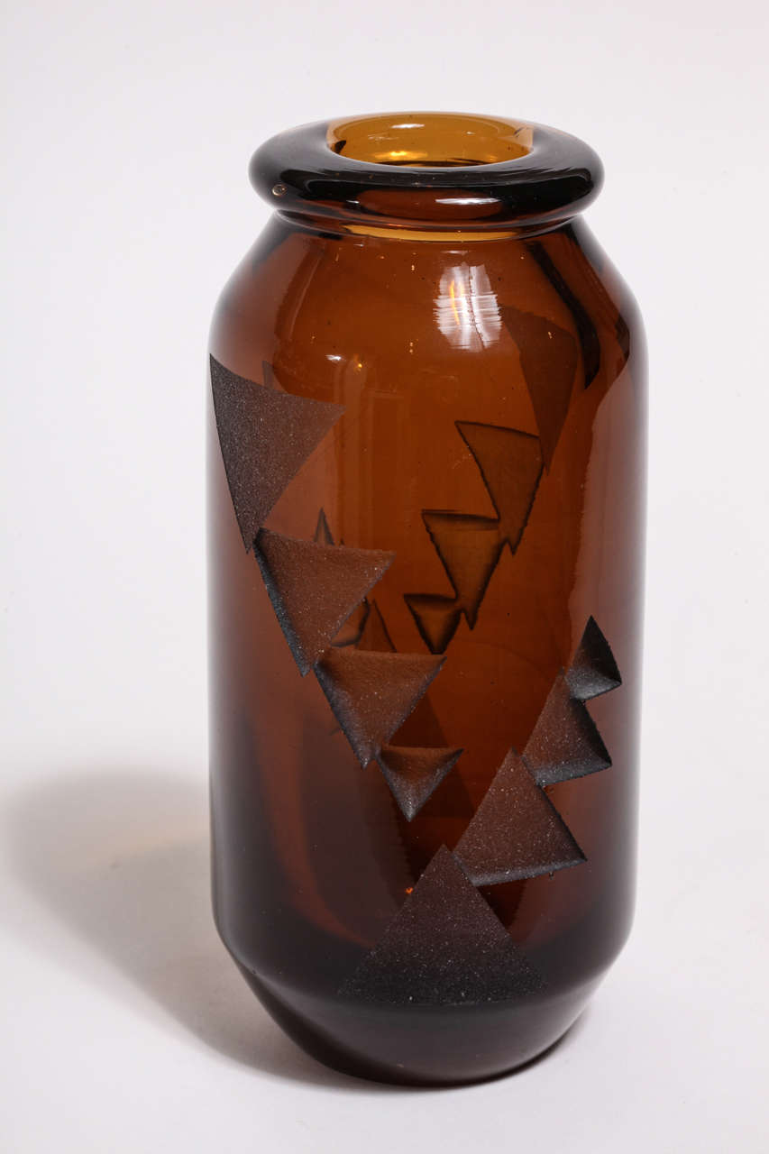 Jean Luce Art Deco Amber Etched Glass Vase 4