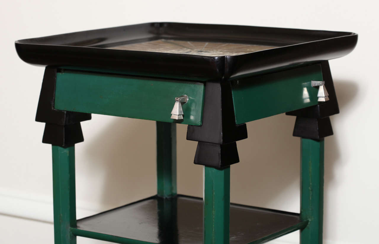 French Art Deco Lacquered Side Table with Shagreen and Metal Inlays For Sale 3