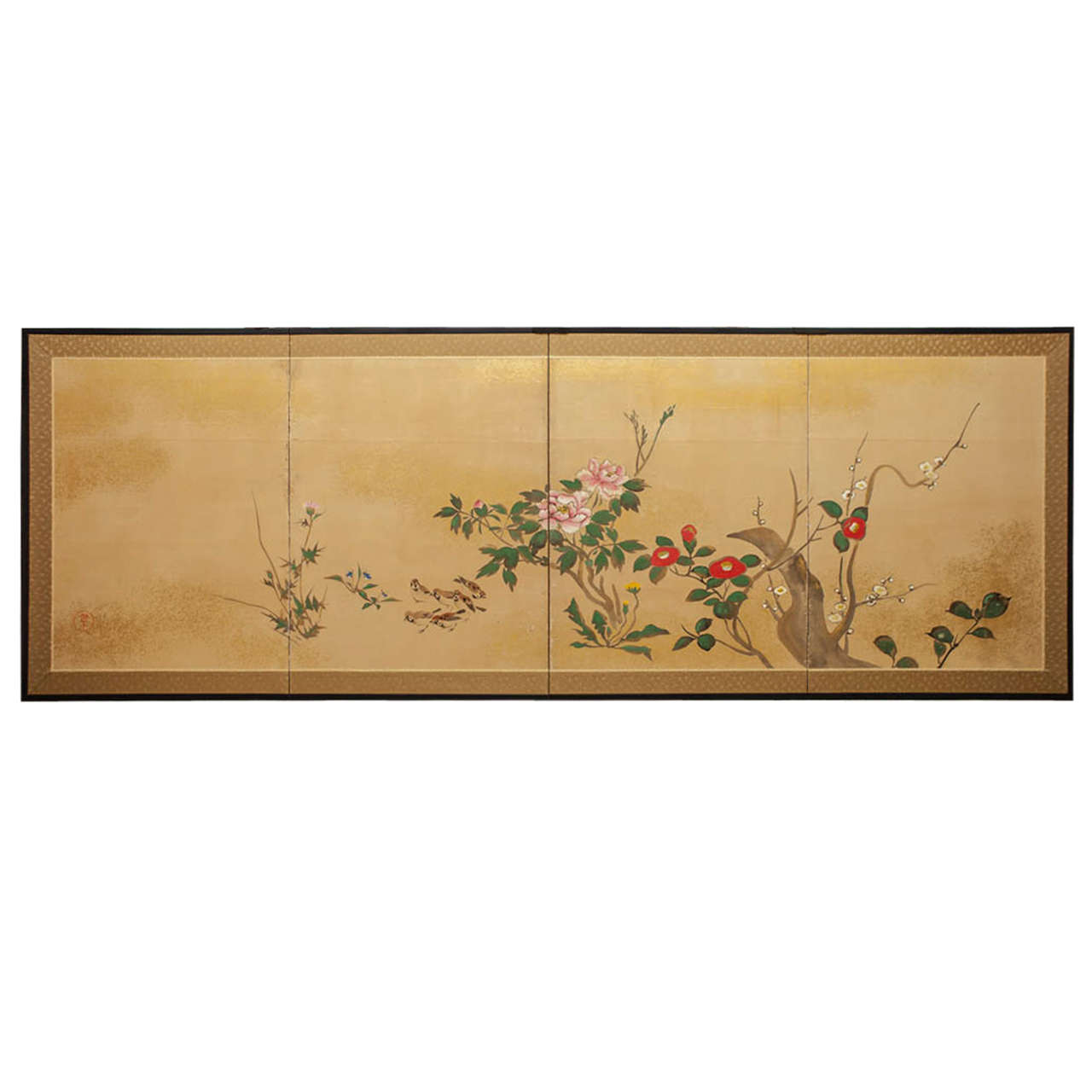 Japanese Four Panel Screen: Early Spring Into Summer For Sale
