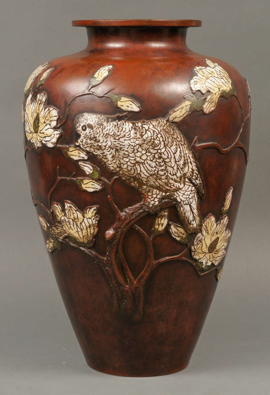 Very Large 19th Century Japanese Cloisonné Bronze Vase with a parrot in a magnolia tree.