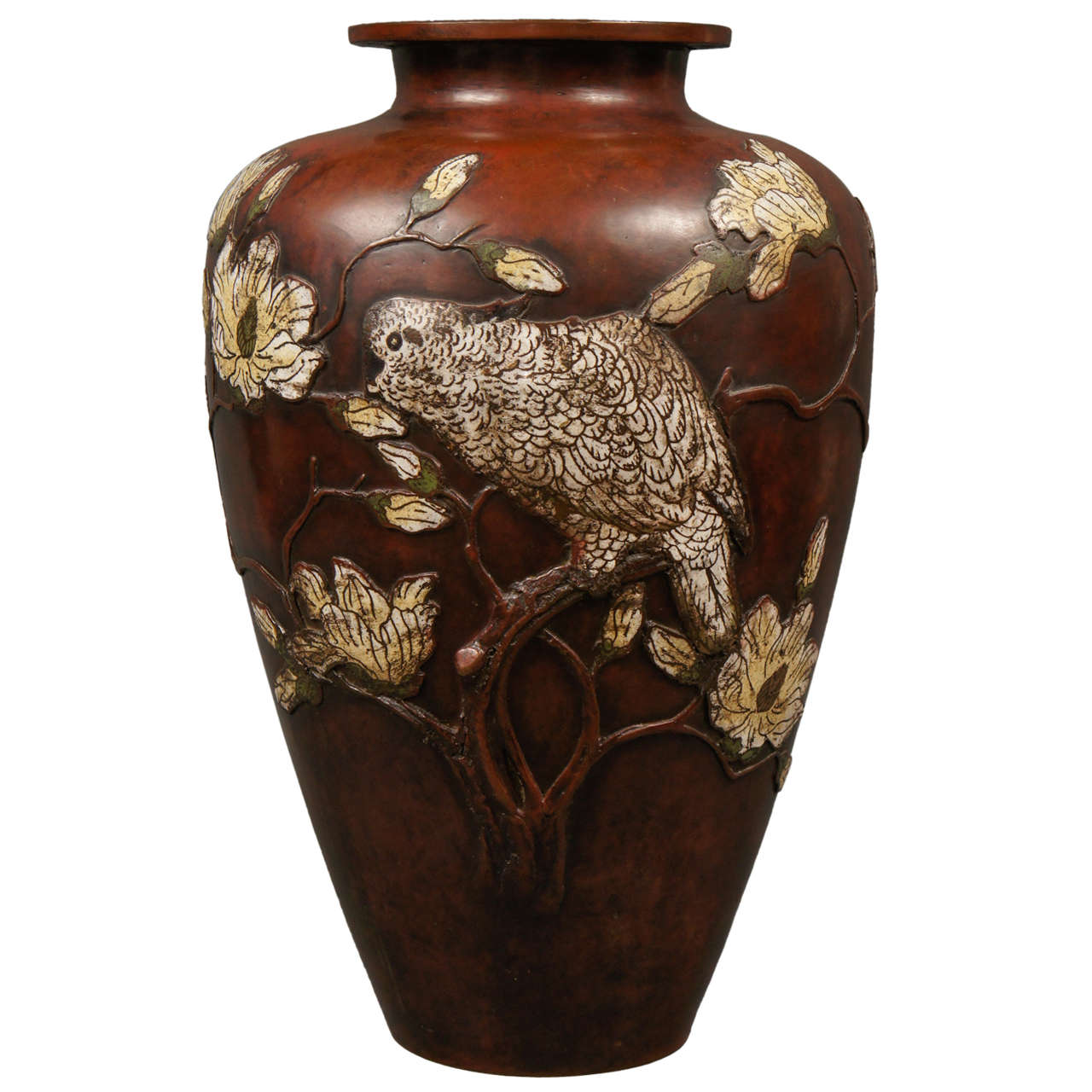 Very Large 19th Century Japanese Cloisonné Bronze Vase with Magnolias For Sale