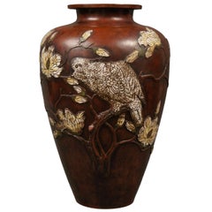 Vintage Very Large 19th Century Japanese Cloisonné Bronze Vase with Magnolias