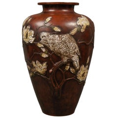 Gran Jarrón Japonés de Bronce Cloisonné del Siglo XIX con Magnolias