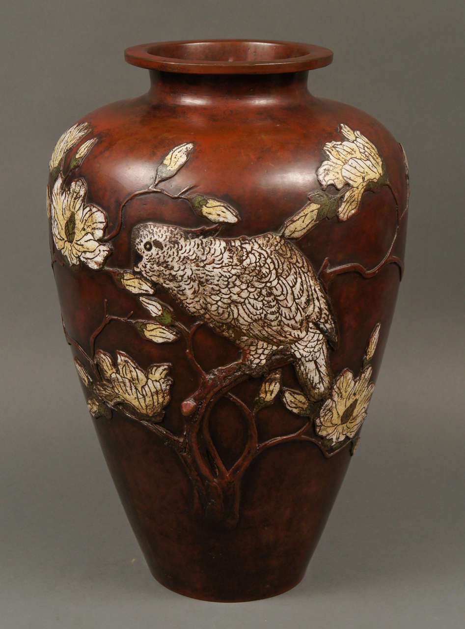 Cloissoné Very Large 19th Century Japanese Cloisonné Bronze Vase with Magnolias For Sale
