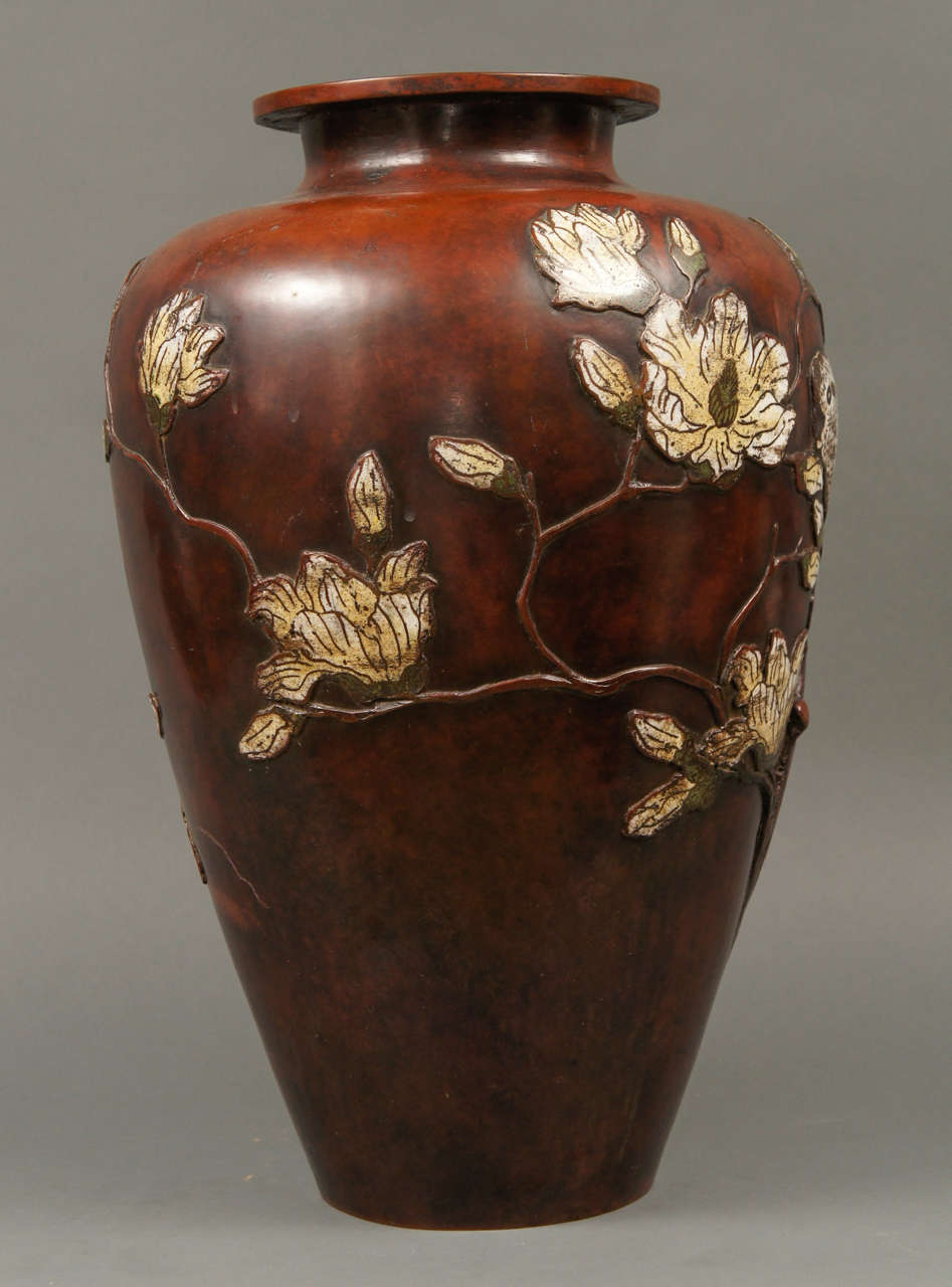 Very Large 19th Century Japanese Cloisonné Bronze Vase with Magnolias In Good Condition For Sale In Hudson, NY