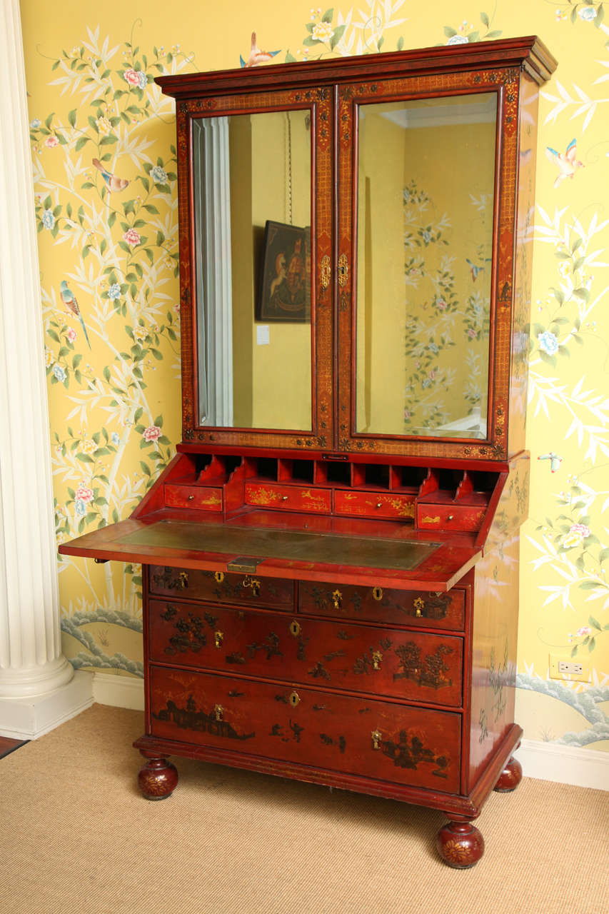 William and Mary William & Mary Red and Polychrome Japanned Bureau Bookcase, English, circa 1690 For Sale