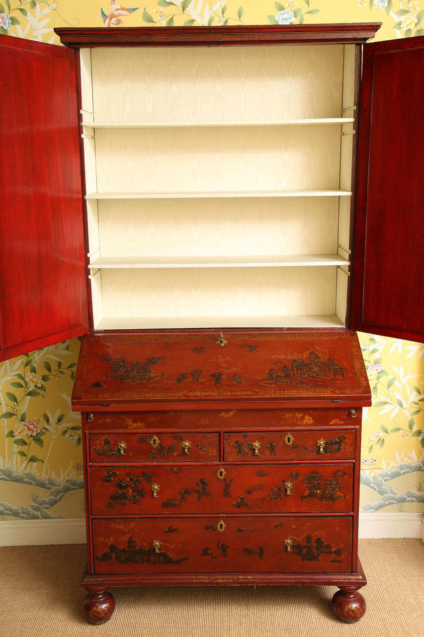 William & Mary Red and Polychrome Japanned Bureau Bookcase, English, circa 1690 For Sale 1