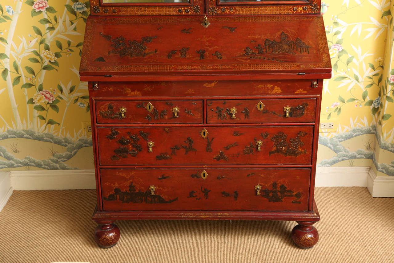 William & Mary Red and Polychrome Japanned Bureau Bookcase, English, circa 1690 For Sale 2