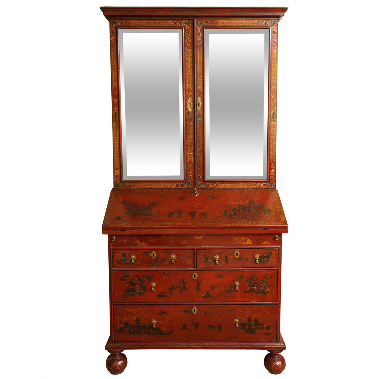 William & Mary Red and Polychrome Japanned Bureau Bookcase, English, circa 1690 For Sale
