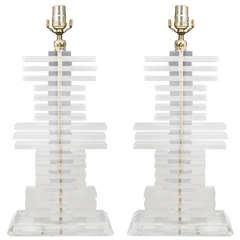 A Pair of Midcentury Stacked Clear and Frosted Lucite Lamps