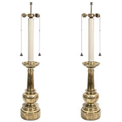 A Pair of 1970s Candlestick Table Lamps in Brass