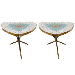 Spectacular Pair of Triangular Italian Tiled Side Tables on Tripod Bases