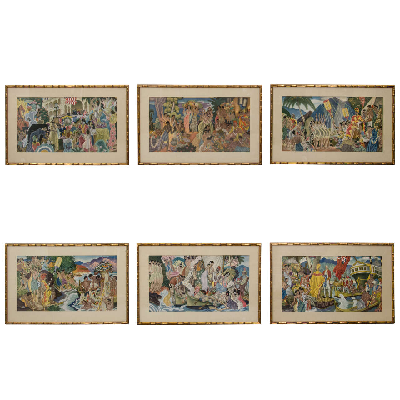 Set of Six Eugene Savage Framed Menu Covers w/ Hawaiian Motif