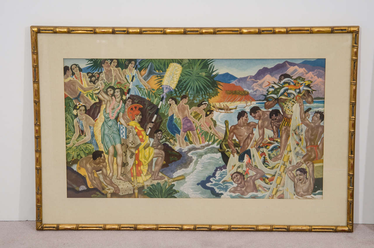 Set of Six Eugene Savage Framed Menu Covers w/ Hawaiian Motif In Good Condition In Astoria, NY