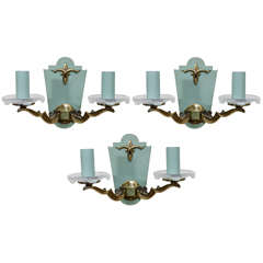 A Set Of Three Mid Century French Sconces w/ Sabino Glass