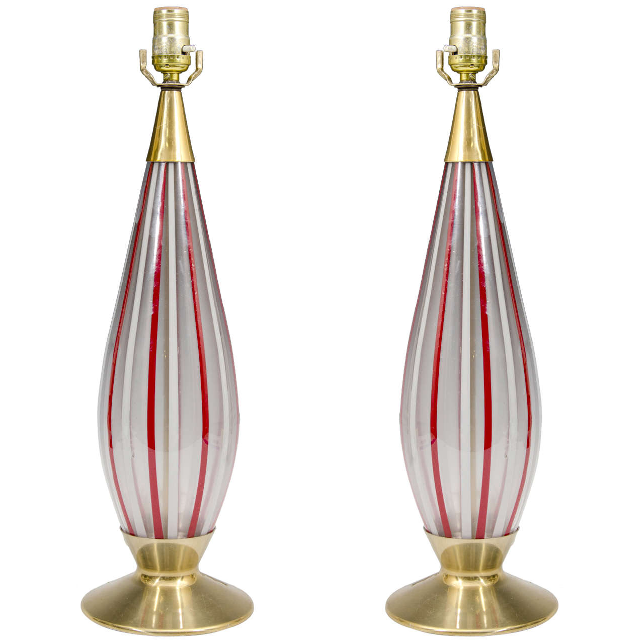 A Midcentury Pair of Red and White Striped Murano Glass Lamps
