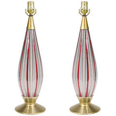 A Midcentury Pair of Red and White Striped Murano Glass Lamps 1