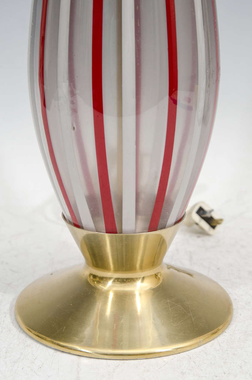 Italian A Midcentury Pair of Red and White Striped Murano Glass Lamps For Sale