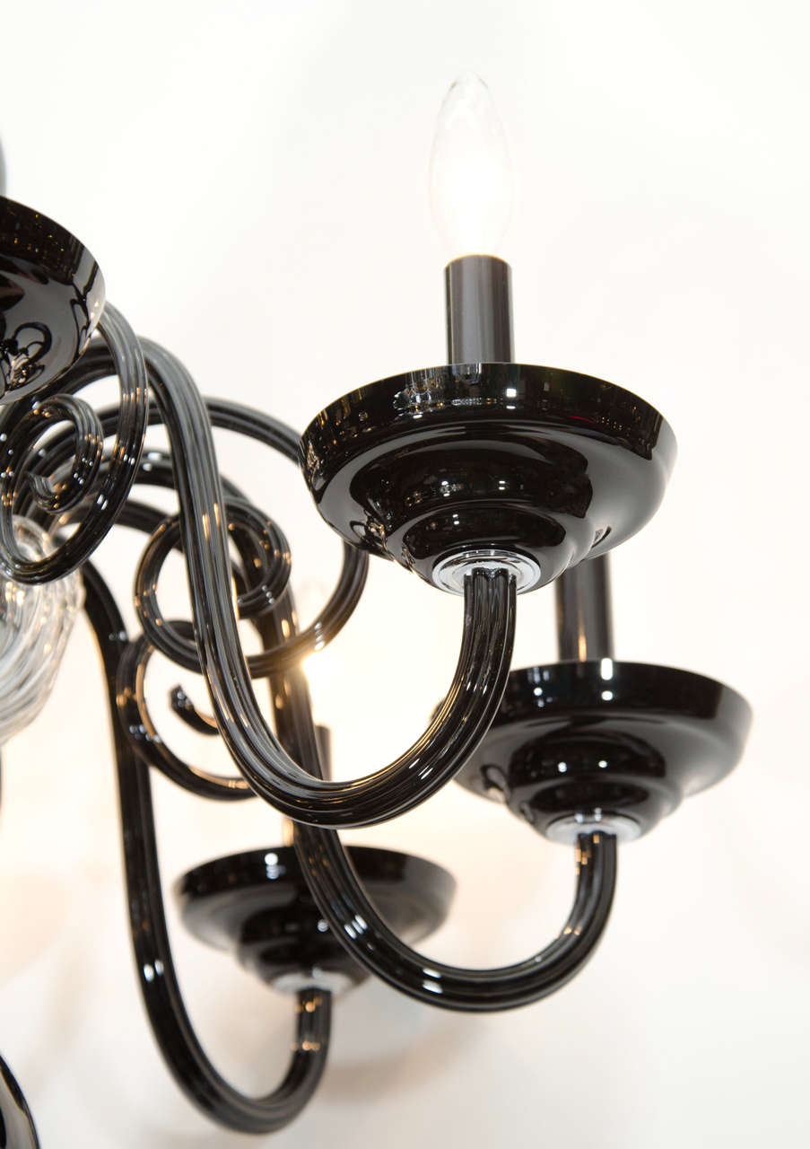 Italian Mid Century Black and Clear Murano Glass Chandelier
