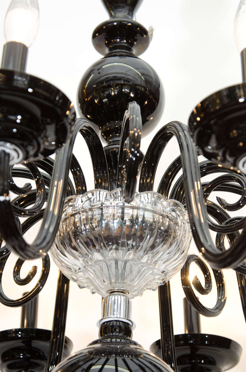 Mid Century Black and Clear Murano Glass Chandelier In Good Condition In Astoria, NY