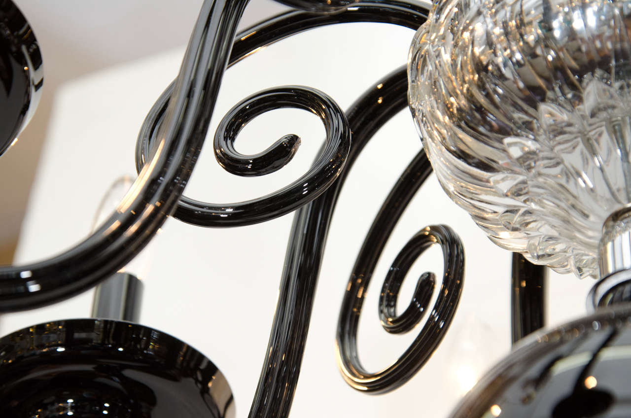 Mid Century Black and Clear Murano Glass Chandelier 3