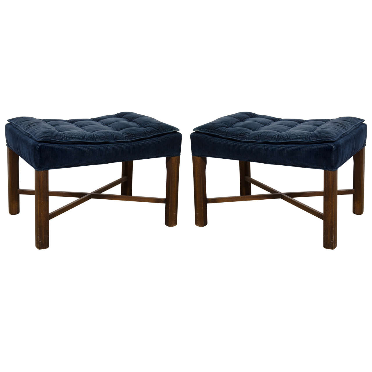 Mid Century Pair of Blue Corduroy Tufted Benches