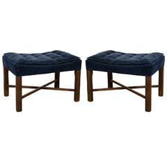 Mid Century Pair of Blue Corduroy Tufted Benches